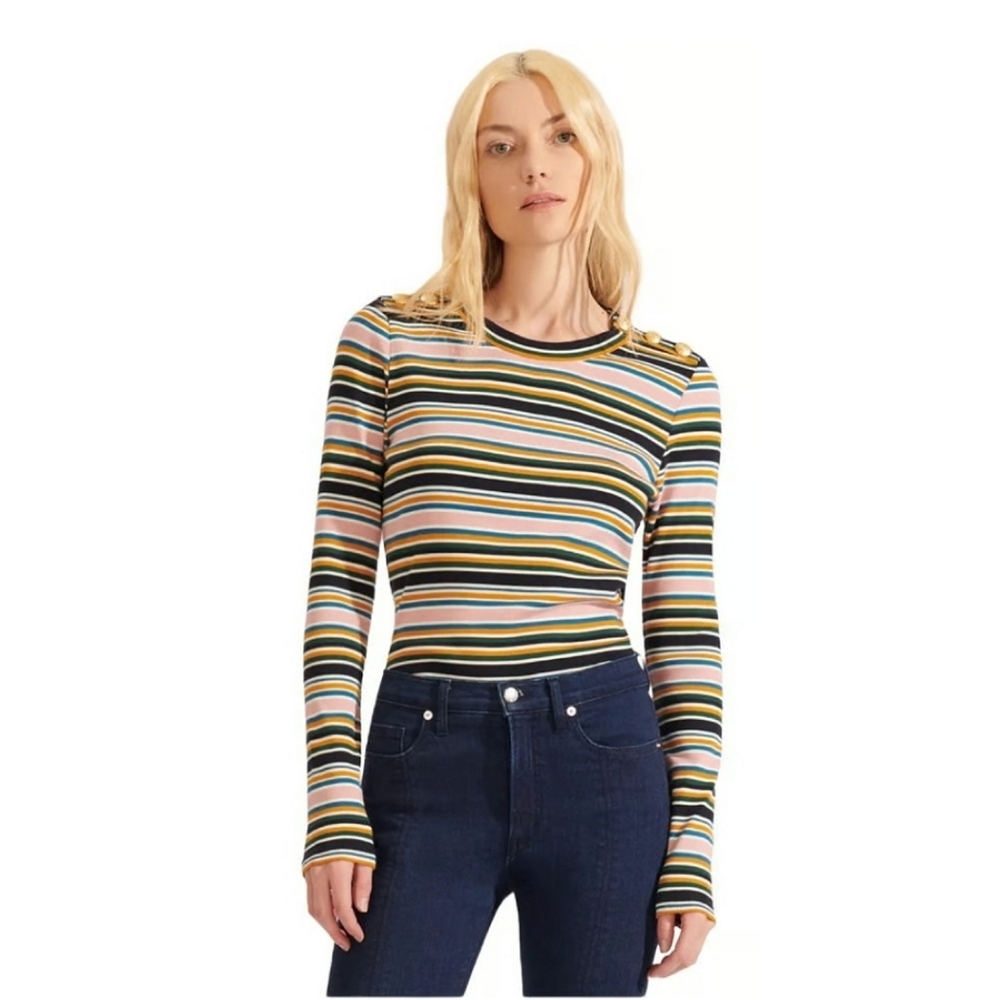Veronica Beard Striped Button-Shoulder Blouse - image 4